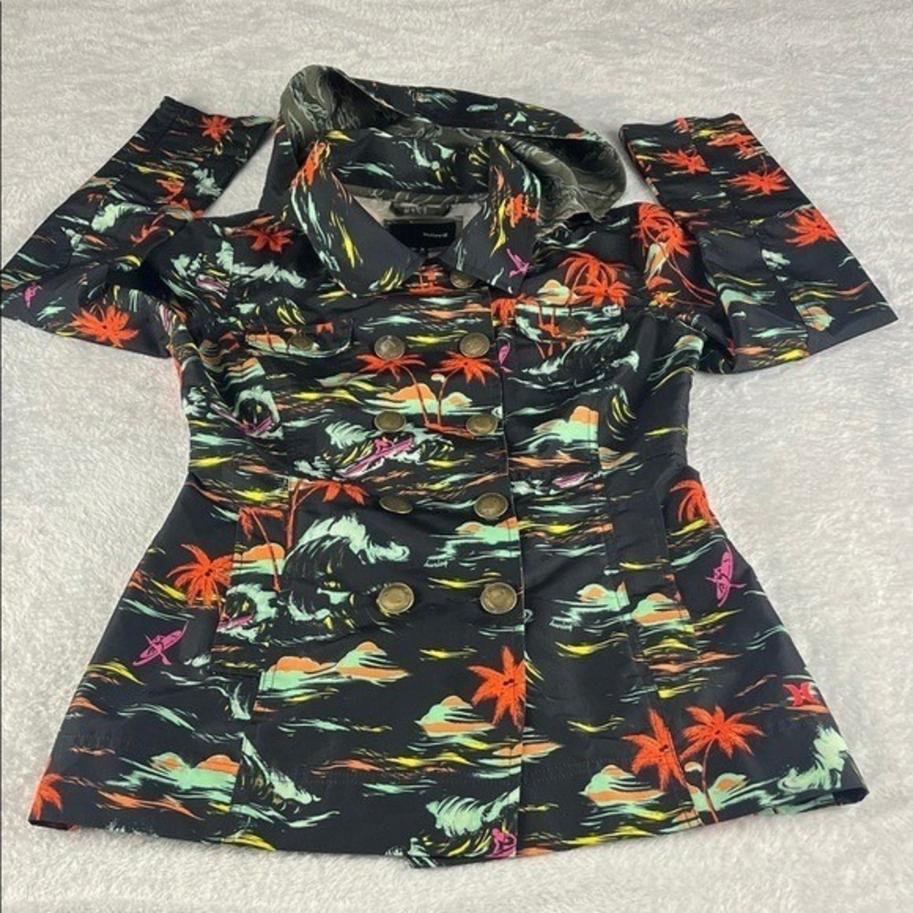 Hurley Jacket Women Size S Black Tropical‎ Palm Tree Hooded Peacoat